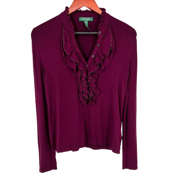 Ralph Lauren Womens PM Petite Medium Merlot Maroon Beaded Blouse Shirt Top - Picture 1 of 7